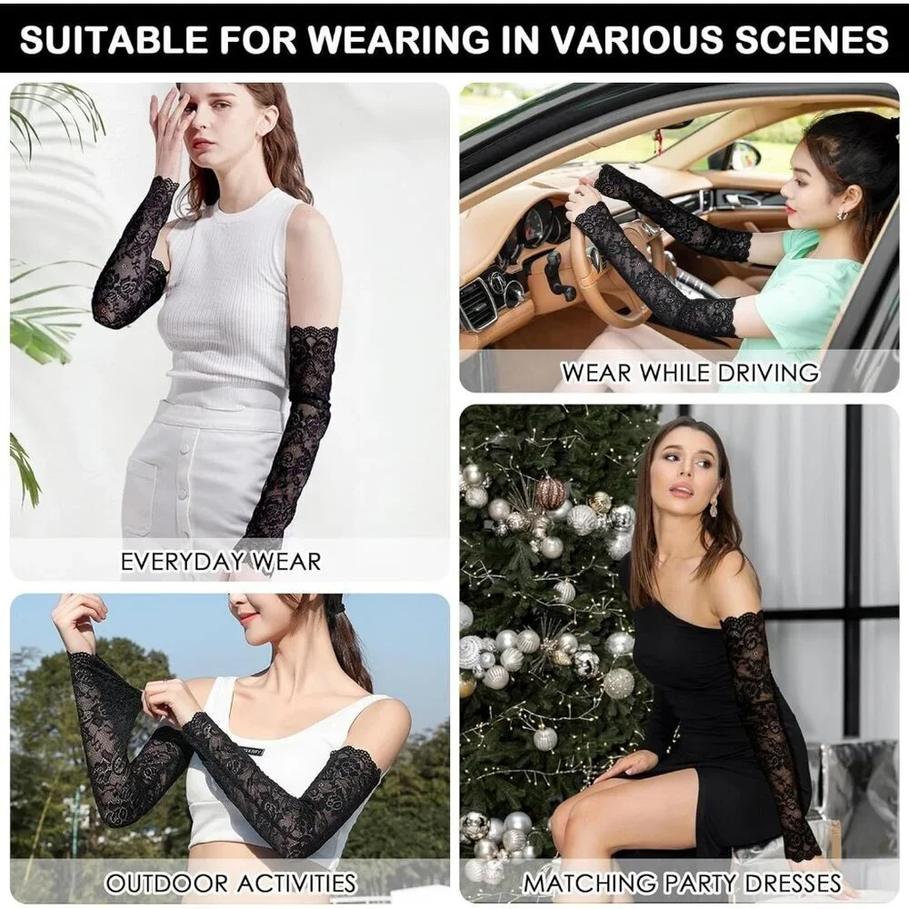 Women's 1 Black Fingerless Lace Arm Sleeves Gloves Wedding Dress Party Prom